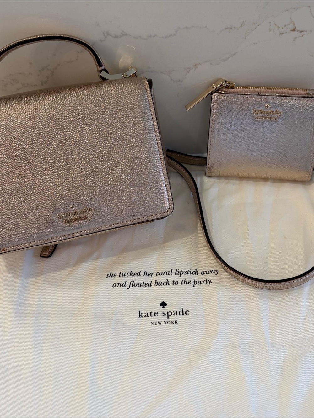 Kate Spade rose gold small crossbody purse + wallet + dust bag - Super Clean!